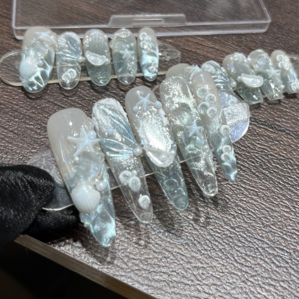 5in1 Toolkit + HADMADEPress On Nails Ice Blue Cats Eye ปลาดาวมือวาด Mermaid Phototherapy เล็บปลอมเล็บเทียมนํากลับมาใช้ใหม่ได้