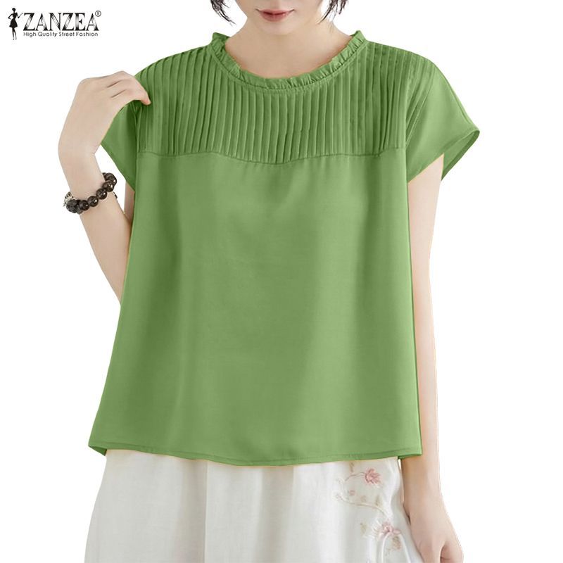 ZANZEA Celmia เสื้อสตรีเกาหลีวันหยุดลําลอง O คอแขนสั้นจีบเสื้อ H-line หลวม