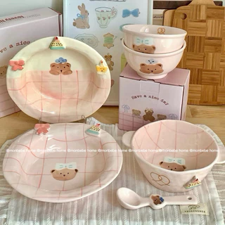จานขนม เซรามิค insลายหมี🐻สีชมพูน่ารัก พร้อมส่ง