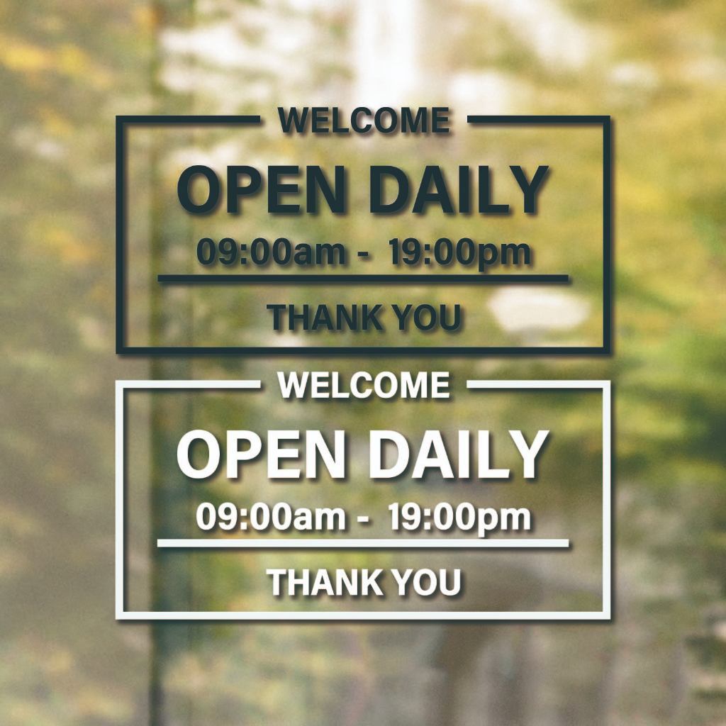 สติ๊กเกอร์ติดประตูกระจก “OPEN DAILY THANK YOU” บอกเวลาเปิดปิดร้าน ขนาดเริ่มต้น 20x40cm