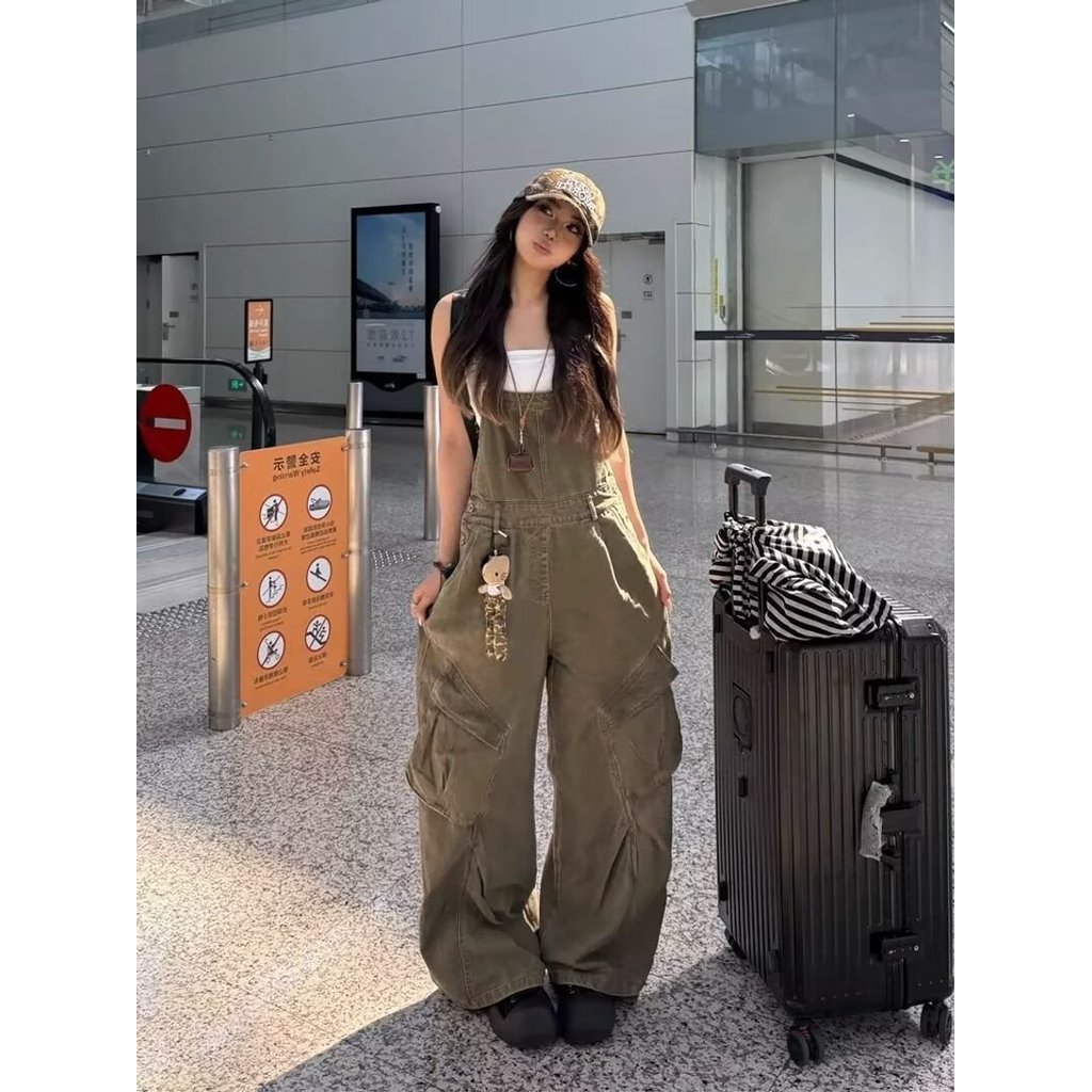 American Retro สีดําสีเทา Overalls Denim Overalls ผู้หญิงฤดูร้อนสไตล์ใหม่ลดอายุหลวม Slimmer ดูกว้างขา Overalls