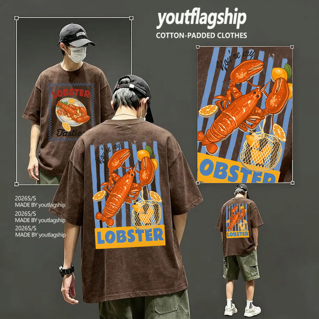 YOU-T🎉เสื้อยืด oversize เสื้อยืดคอกลม สวมใส่สบาย ลาย "LOBSTER" ผ้าฟอกวินเทจ ผ้าฝ้าย100% สกรีนลาย ไม่หดตัว