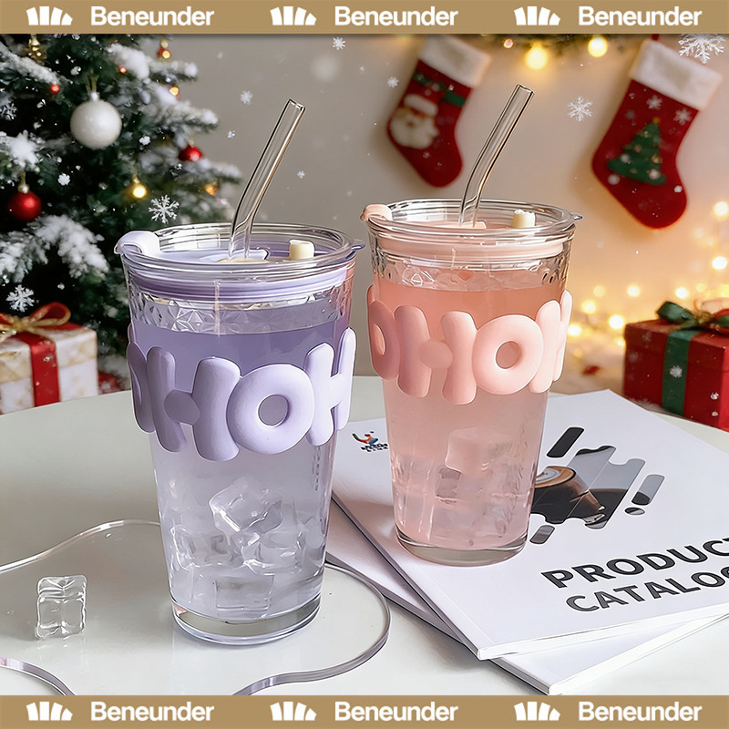 Christmas🎅แก้วน้ำ แก้วมินิมอล 450ml. ใส่ได้ทั้งน้ำร้อนน้ำเย็น มี 7 สี แถมหลอดและฝา