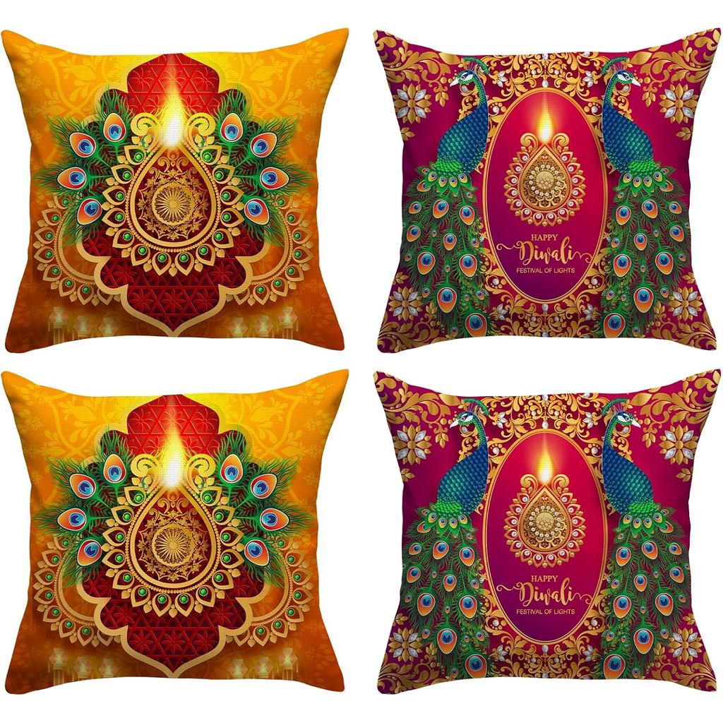 Diwali โยนหมอนครอบคลุม 18x18 ชุด 4 Diwali Light Diyas นกยูงหมอน Diwali ตกแต่งอินเดีย Diwali ตกแต่งแล