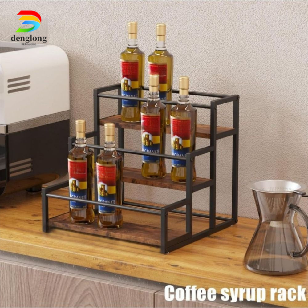 DENGLONG Wine Storage Stand,สีดํา 3 ชั้นชั้นวางน้ําเชื่อมกาแฟ,ขาตั้งขวดประหยัดพื้นที่ชั้นวางเครื่องเทศสําหรับบาร์กาแฟห้องครัว