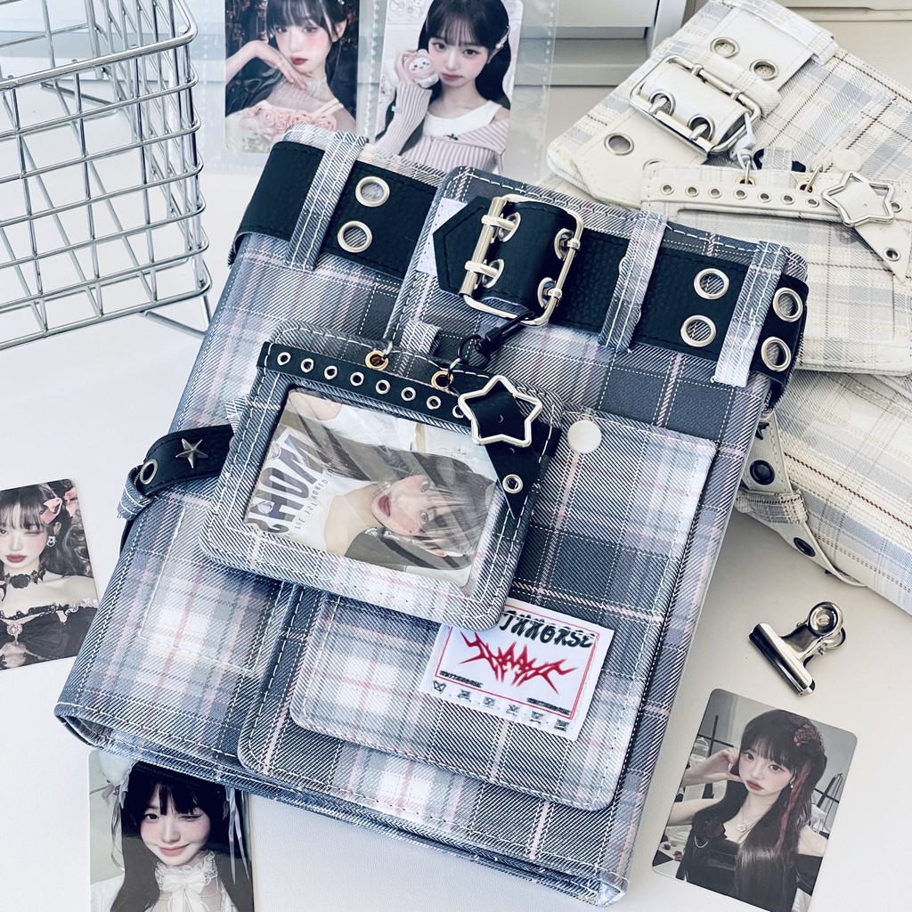 Checkered Denim Fabric A5 Photo Card Album Vintage Sweet & Cool Style Binder Idol Photocard รวบรวม K-Pop Polaroid Storage