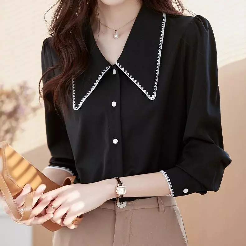 Red Berryเสื้อชีฟองแขนยาวคอปกปีเตอร์แพนรุ่นใหม่ปี 2025 สำหรับผู้หญิง ดีไซน์หรูหราและทันสมัย 99311