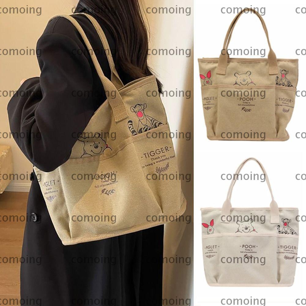 กระเป๋าโท้ต COMOING, กระเป๋าถือผู้หญิง Disney การ์ตูน Winnie Piglet, กระเป๋าสะพายความจุขนาดใหญ่ผ้าใบ