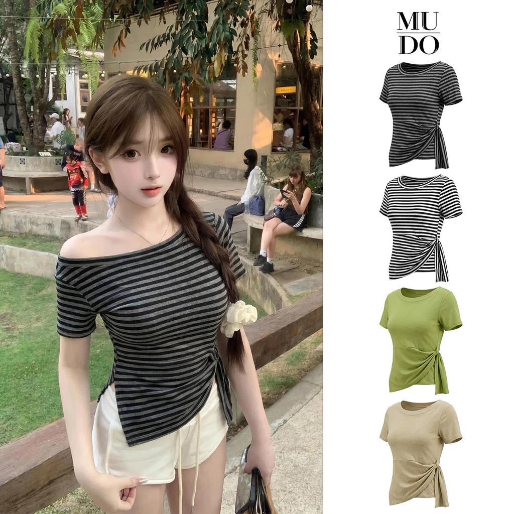 MUDO เสื้อยืดแขนสั้นเกาหลี ขอบไม่สมมาตร เอวรัดเปิดข้างสายผูก ใส่เปิดไหล่ได้ ผ้าดีดูดเหงื่อระบายอากาศ ยืดหยุ่นสูง #1019