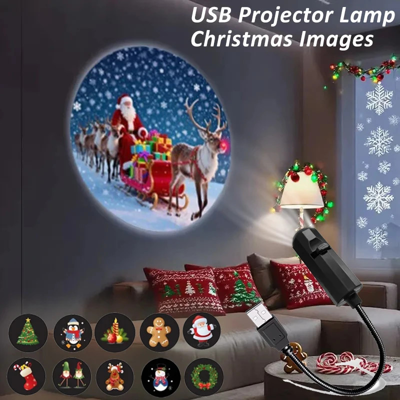 LED คริสต์มาสโปรเจคเตอร์ USB 5V Night Light Ambiance 4/10 โหมดการสลับรูปแบบโปรเจคเตอร์สําหรับ Santa 