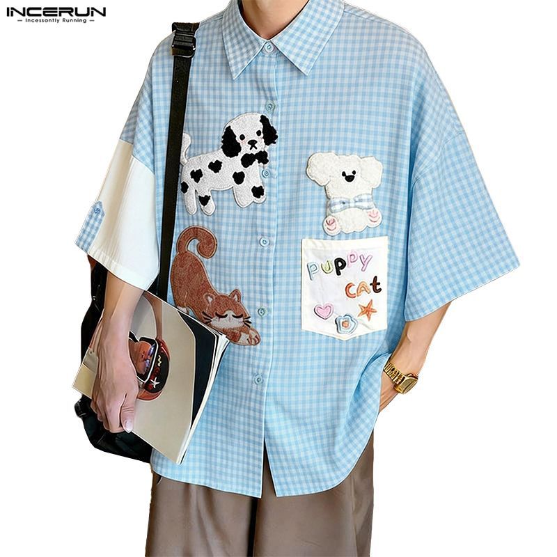 INCERUN ผู้ชายเกาหลีน่ารักสไตล์ญี่ปุ่น Turn-Down-Collar 3/4 แขนตลกพิมพ์หลวม Checkered เสื้อ