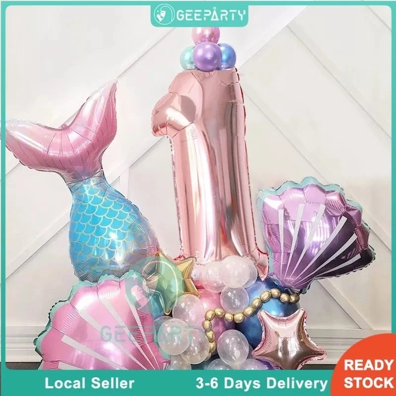 GeeParty ลูกโป่งตัวเลขเงือก 33 ชิ้น ลูกโป่งฟอยล์เงือก สำหรับงานเลี้ยงวันเกิดธีมเงือก