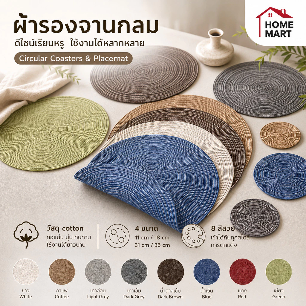 แผ่นรองจาน-รองแก้ว ทรงกลม Coaster ตกแต่งโต๊ะ คาเฟ่