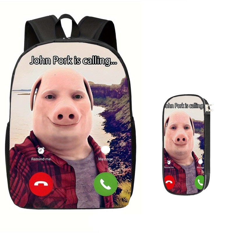 2 ชิ้น/ชุด กระเป๋าเป้สะพายหลังเด็ก + กระเป๋าดินสอ John Pork 3D การ์ตูน กระเป๋านักเรียนประถม น้ำหนักเบาสบายทนทาน