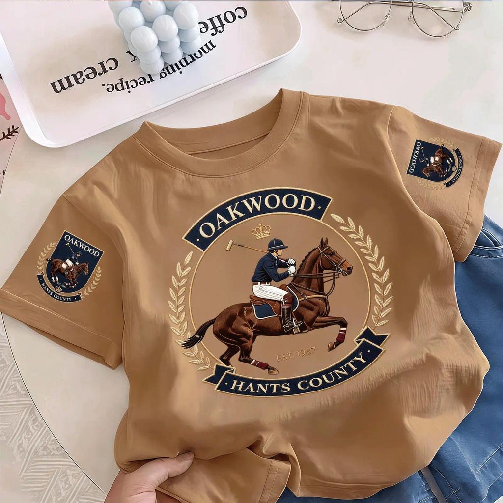 เสื้อยืดเด็กผู้ชาย ลายขี่ม้าโปโลพิมพ์เลียนแบบปักผ้า ผ้านุ่มระบายอากาศ ยืดหยุ่น ไม่เป็นขน ทรงหลวม พร้อมส่ง COD อายุ2-14ปี