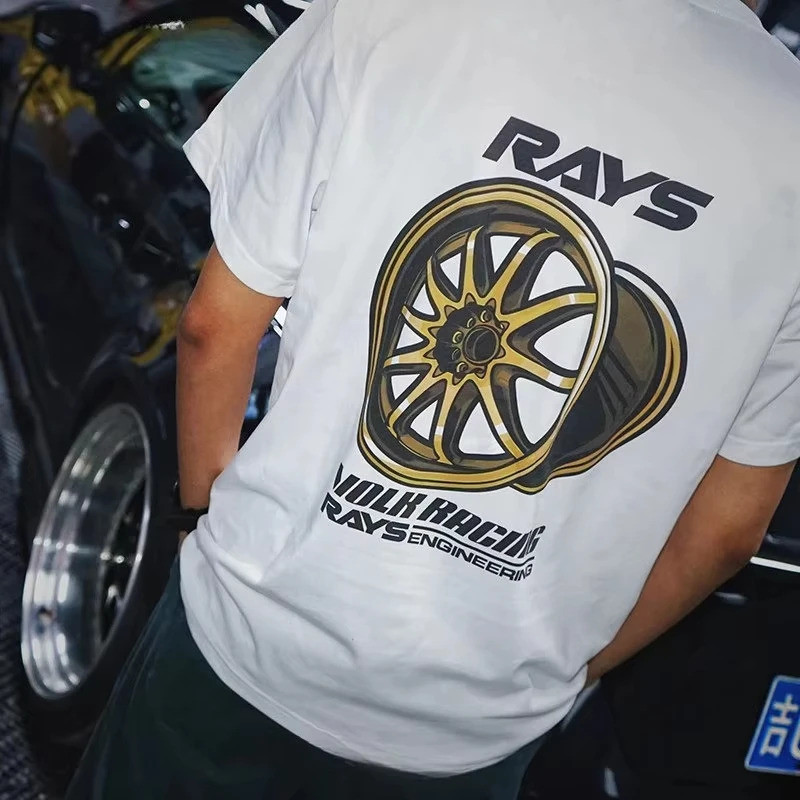 เสื้อยืดแขนสั้นผ้าฝ้ายลายพิมพ์ล้อแม็ก RAYS ของรถยนต์ดัดแปลงจากญี่ปุ่น สำหรับทั้งชายและหญิง แฟชั่น 20