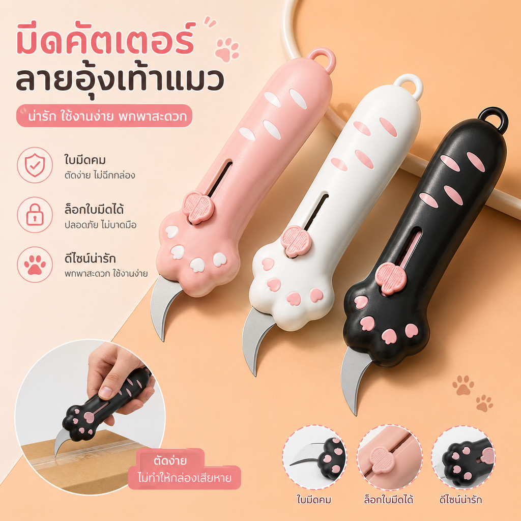 คัตเตอร์พกพา ลายอุ้งเท้าแมว คัตเตอร์จิ๋วสำหรับแกะพัสดุ เปิดกล่องพัสดุ ดีไซน์น่ารัก พร้อมส่ง