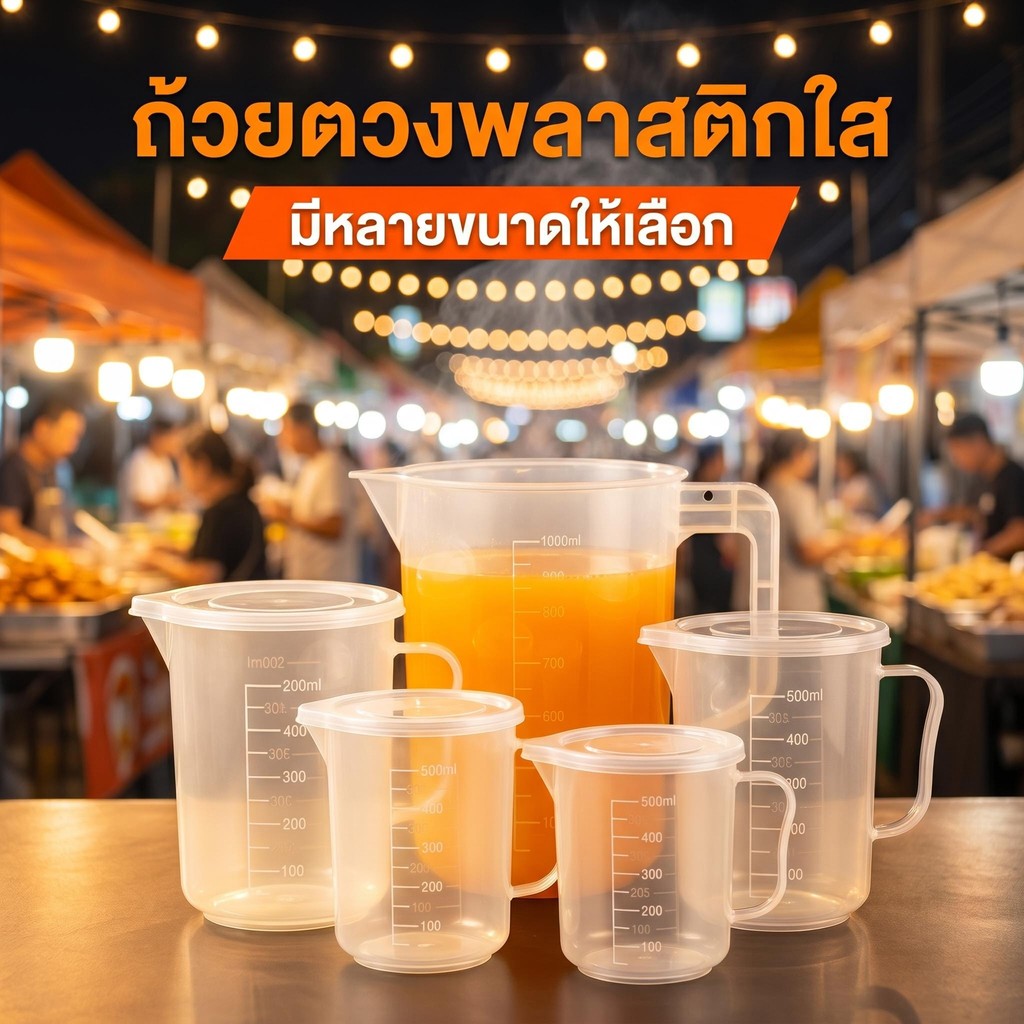 แก้วตวงพลาสติกพร้อมฝาปิด มีขนาด 100ml 250ml 500ml 1000ml 2000ml ให้เลือก เหมาะสำหรับร้านชานม ขายของตลาดนัด ร้านกาแฟ