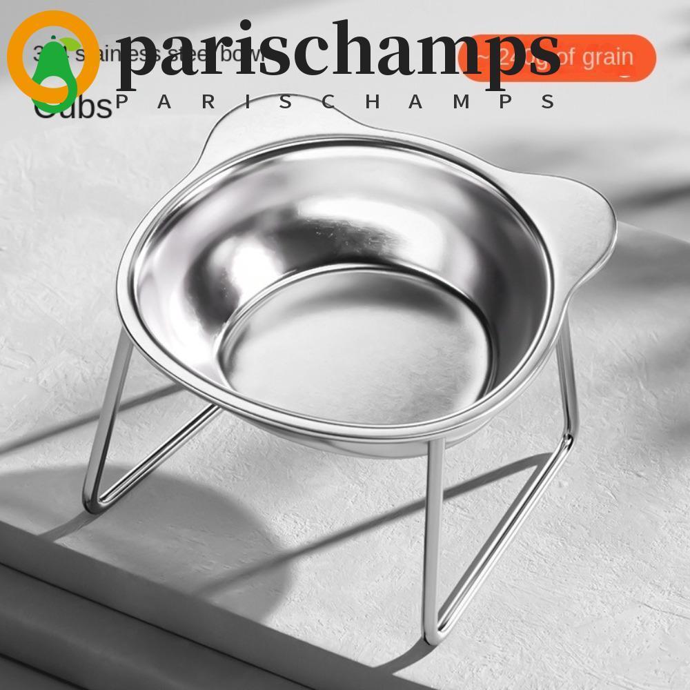 PARISCHAMPS ชามแมวสแตนเลสพร้อมขาตั้งป้องกันการพลิกคว่ําชามอาหารแมวยกระดับป้องกันปากมดลูก 15°มุมเอียงเครื่องป้อนสุนัขเท้าสูงทนต่อการตกอุปกรณ์สัตว์เลี้ยง