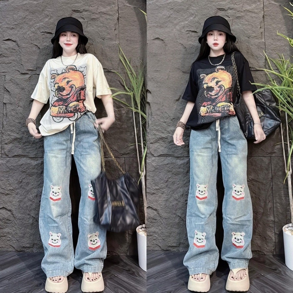 ssmackup No.Set5474 ชุดเซ็ท2ชิ้น เสื้อแขนสั้น+กางเกงขายาว*ผ้ายีนส์เทียม* สกรีนลายหมีเหลือง ชุดเซ็ท เสื้อผ้าแฟชั่น