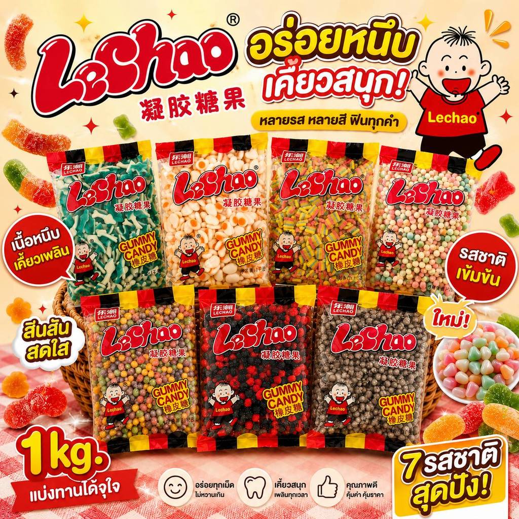 เยลลี่ Lechao หลากหลายรูปแบบ หวานอมเปรี้ยว กรอบหนึบ (1 กิโลกรัม)