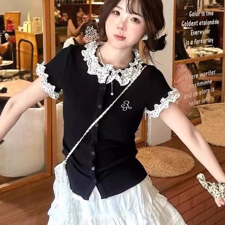 ท็อปแขนสั้นลายจุดและลูกไม้สไตล์เกาหลีสำหรับผู้หญิง ฤดูร้อน สไตล์หวานใหม่ ท็อปอเนกประสงค์ AA