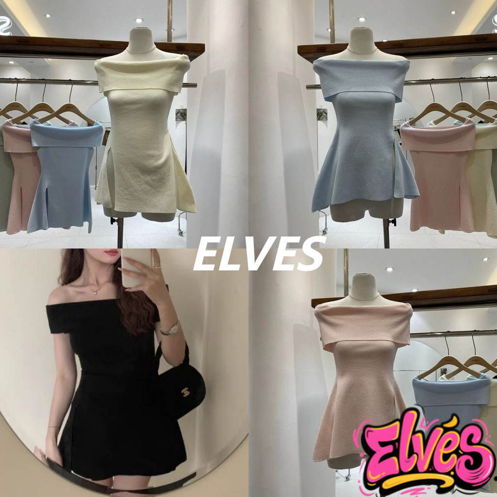 Elves✨พร้อมส่ง✨ เสื้อเชิ้ตผ้าไหมปาดไหล่เซ็กซี่ ผ่าข้าง แขนสั้น(792)