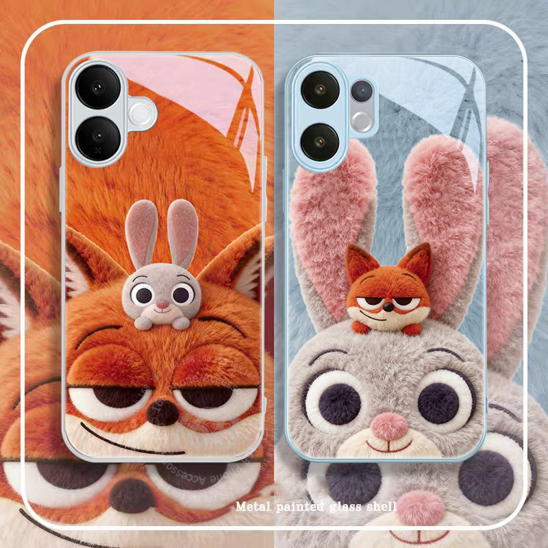 เคส Vivo V60 V50 เคส Vivo V60 Lite 5G เคสน่ารักลายการ์ตูน Zootopia Judy Nick คู่รัก กันกระแทก น่ารักพร้อมฝาครอบเลนส์กล้อง เคสกระจกเหลวสุดหรูสำหรับผู้หญิงและผู้ชาย