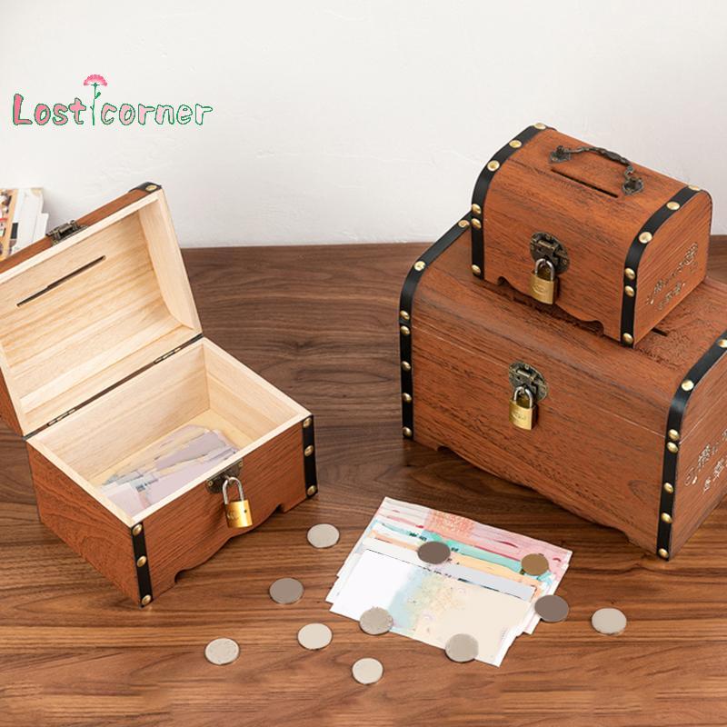 [Lostcorner] 1 ชุด Vintage Treasure กล่องเก็บไม้หีบสมบัติพร้อมล็อค Piggy Bank Organizer กล่องประหยัดสําหรับตกแต่งบ้าน [ใหม่]