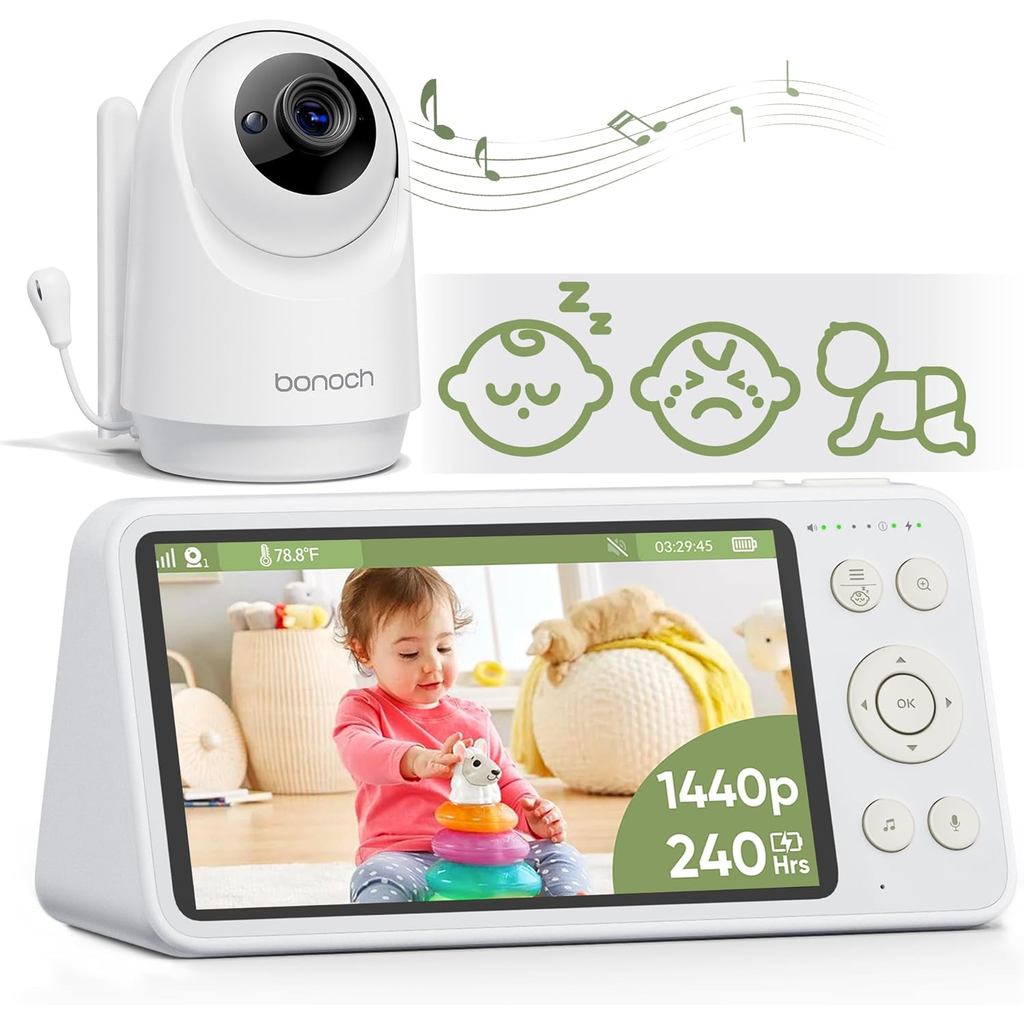 Bonoch 1440p Baby Monitor พร้อมกล้องและเสียง, Smart No WiFi Baby Camera, 5.5" Video Monitor, AI Cryi