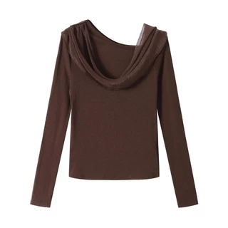 NOVA-เสื้อยืดผู้หญิง แขนยาว รุ่นปิดไหล่ สีทึบ ผ้าพันคอผ้าไหม ประเภทรุ่น Slim Fit เรียบง่าย สุภาพสตรี แฟชั่นสบาย ๆ