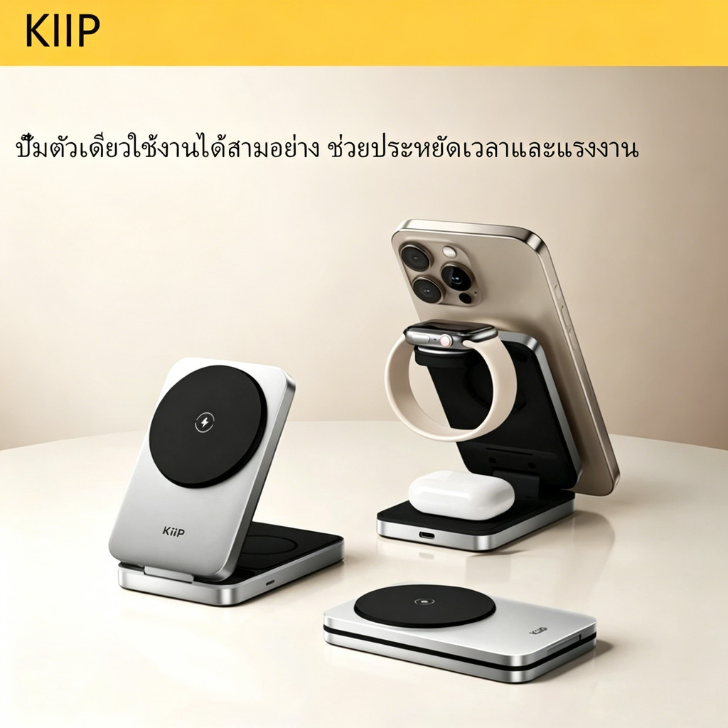 KiiP PWC02 แท่นชาร์จไร้สายแม่เหล็กแบบพับได้ 3-in-1 (25W) รองรับ Qi 2.2 รองรับการชำระเงินปลายทาง (COD) และผู้ค้าส่ง