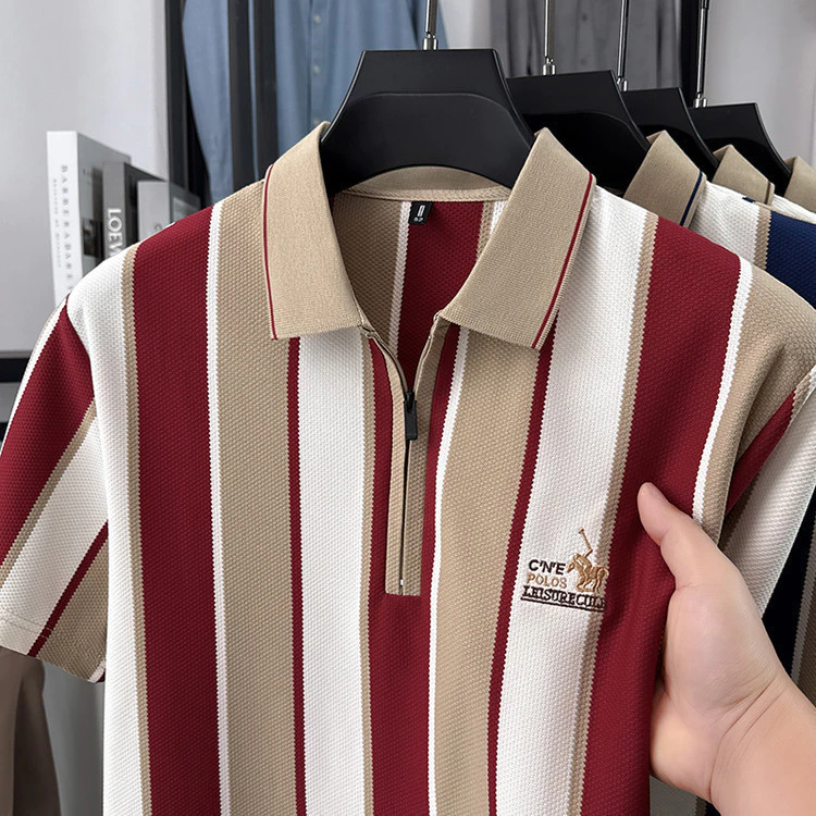 เสื้อโปโลผู้ชายแขนสั้น มีซิป ลายทาง ทรงพอดี ดูดีมีระดับ ใส่สบาย ระบายอากาศ