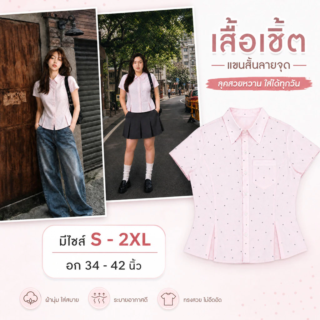 เสื้อเชิ้ตผู้หญิง แขนสั้น คอปก มีไซส์ S-2XL สีชมพูอ่อน ลายจุด Polka Dot กระดุมหน้า ทรงเข้ารูป