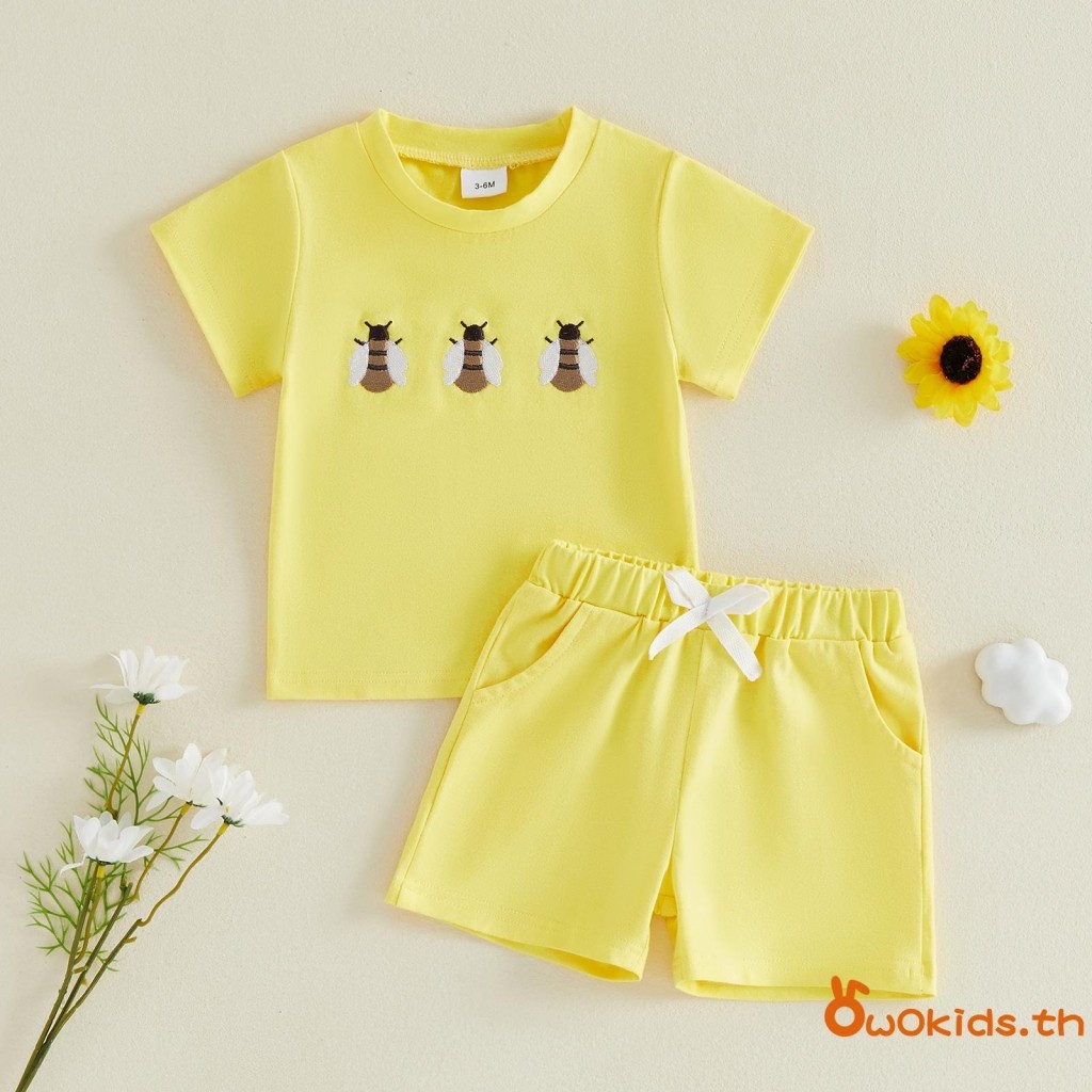 GRAO- เด็กวัยหัดเดินสาวฤดูร้อนชุด Bee/ดอกไม้เย็บปักถักร้อยแขนสั้นเสื้อยืด + กางเกงขาสั้นยืดหยุ่นชุด