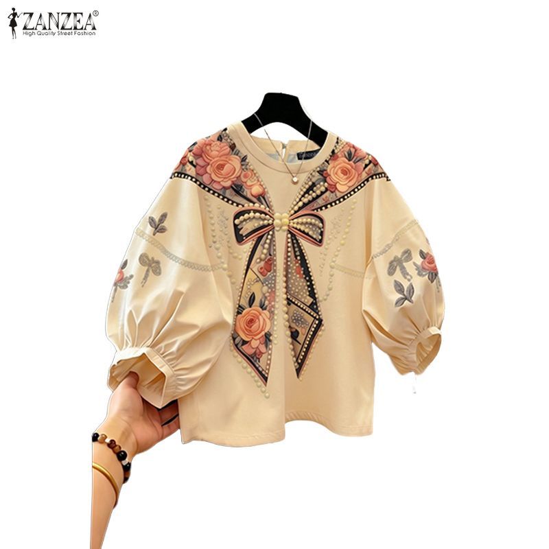 ZANZEA ผู้หญิงเกาหลีหรูหรา Elegance ลูกเรือคอโคมไฟแขนพิมพ์ลายดอกไม้ Bows Design Pearl Decor เสื้อเบลาส์
