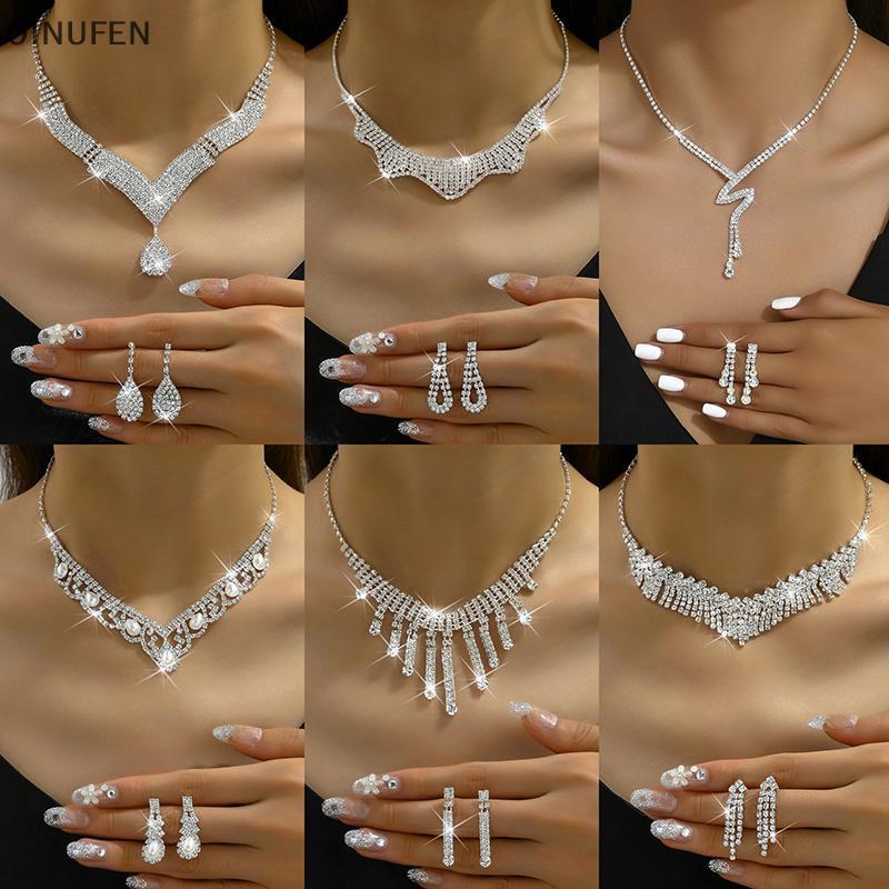 ONU 2 ชิ้นแฟชั่น Rhinestones สร้อยคอต่างหูชุดเครื่องประดับผู้หญิงงานแต่งงานอุปกรณ์เสริมของขวัญ FEI