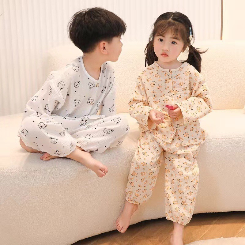 [RJ] 80-150ซม ชุดนอนเด็ก ชุดลําลอง เด็กการ์ตูนผ้ากอซผ้าฝ้ายแท้ชายหญิงผ้าฝ้ายผ้ากอซข้อเท้ายาวแขน ชุดลําลอง สาวชุ