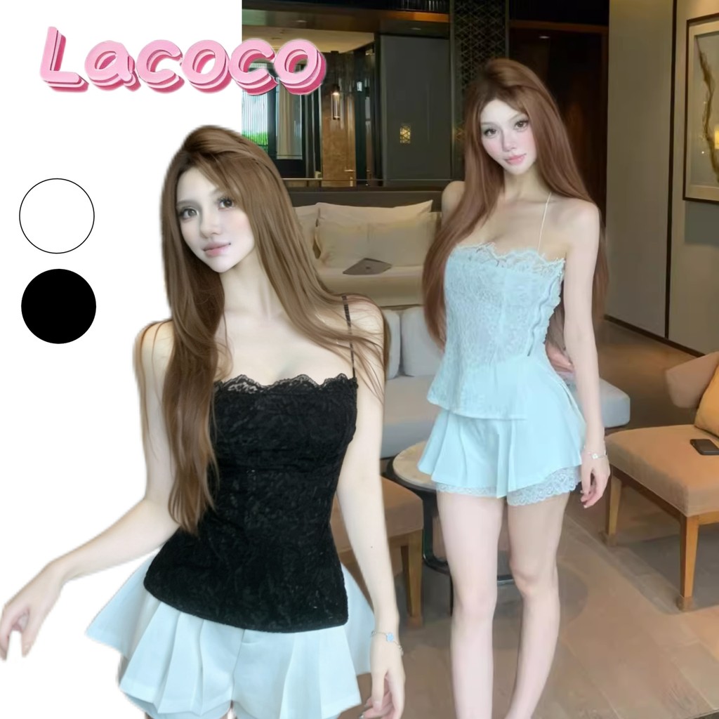 Lacoco🍓คลังสินค้าพร้อม🍓เสื้อกล้ามคอฮอลเตอร์ลูกไม้สไตล์ฝรั่งเศสสำหรับผู้หญิง สไตล์ฤดูร้อน ไฮเอนด์ เสื้อรัดรูป เปิดหลัง