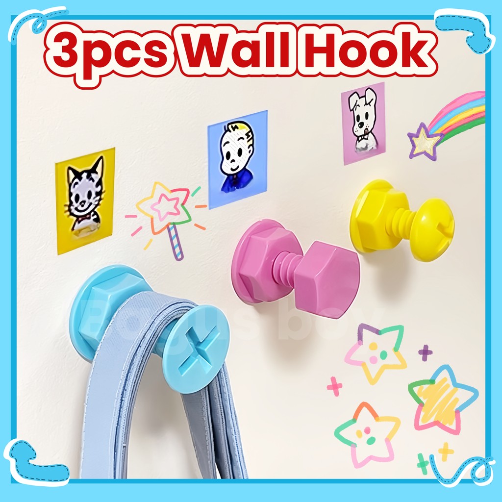 GANTUNGAN Bagus boy 3pcs Unique Wall Hook/น่ารักHook Bolt-Shaped Hook/Creative Hook/Multipurpose Wal