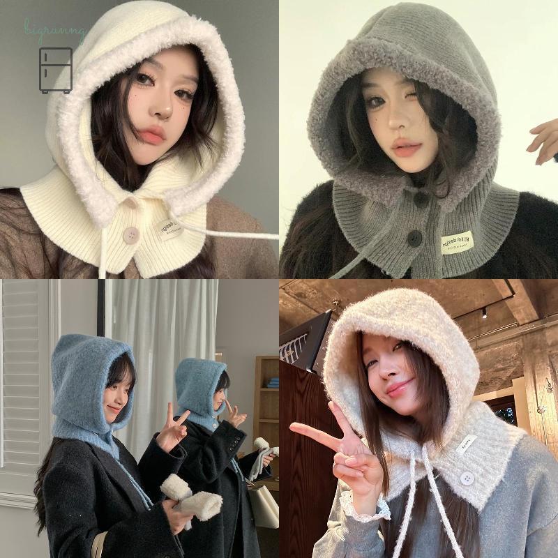 [BRN] หมวกไหมพรมปก มารยาท เชือกรูด ผู้หญิง,กลางแจ้งอบอุ่นถักใบหน้าคอหมวกป้องกันเคป,สําหรับกันหนาวเย็