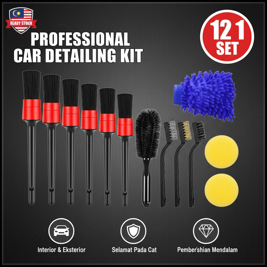 12 in 1 Car Cleaning Detailing Brush Kit ชุด Berus Cuci Kereta Pencuci Rim Tayar เครื่องมือทําความสะ