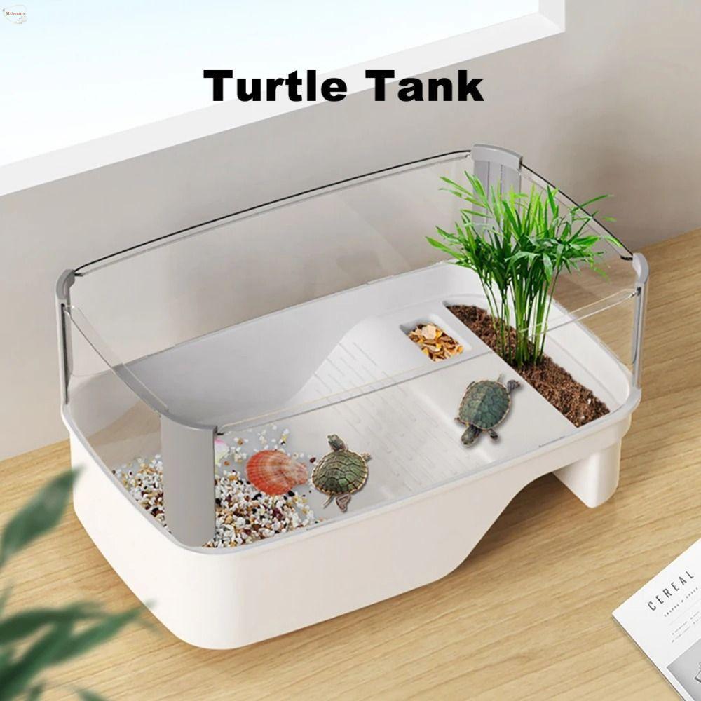 MXBEAUTY Turtle Tank, Bottom Drain Bask Platform Turtle House, ทนทาน Anti-escape สูงรั้ว Multi-funct