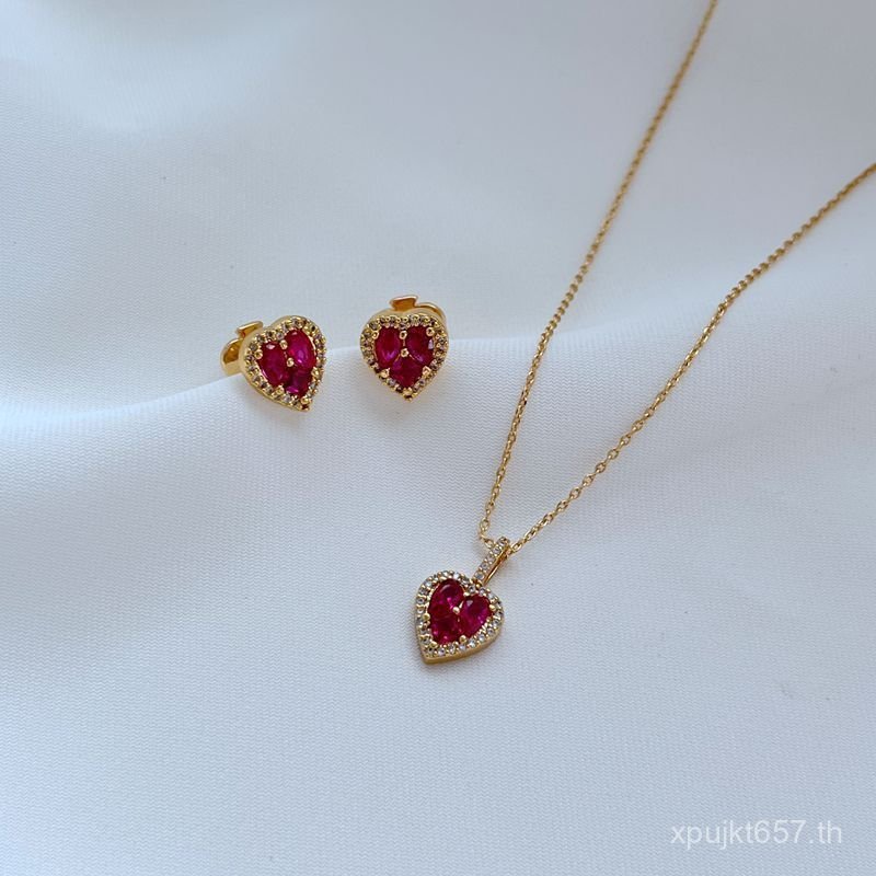 เพทายแบบสามมิติ ทรงหยดน้ำ สไตล์หวานฝรั่งเศส ต่างหูหัวใจและสร้อยคอกำลังกระพริบ สีแดง AGT0