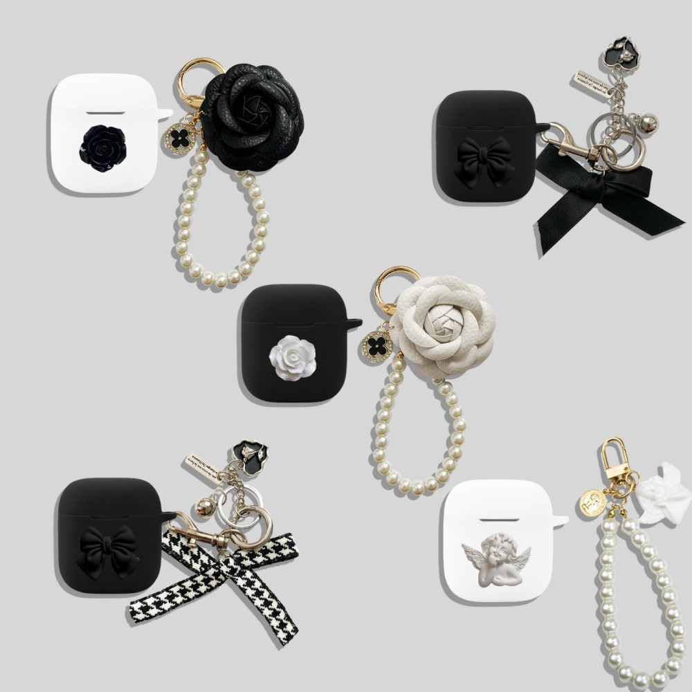 for Marshall Minor IV Case Suitable for Marshall Minor III Silicone Soft Case Marshall Minor IV Protective Sleeve Cute Camellia Pearl Bracelet Keychain Cartoon Metal Pendant