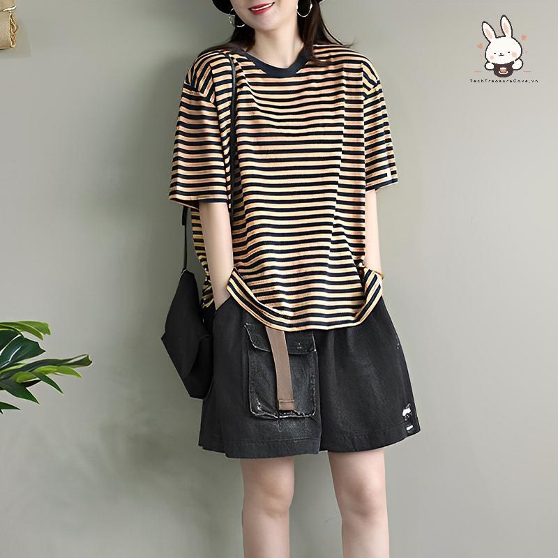[Teh] แฟชั่นสตรีฤดูร้อนสบายๆเสื้อยืดแขนสั้นO-คอสไตล์เกาหลีลายหลวมTee [VN]