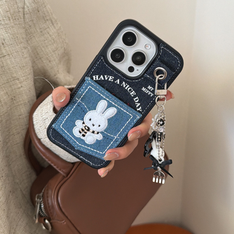 การ์ตูน Miffy กระต่ายคาวบอยเย็บปักถักร้อยกระเป๋าบัตรเคสโทรศัพท์สําหรับ iPhone 17 16 15 14 13 Pro Max ปลอกปักปกแข็งสําหรับ iPhone17Promax กรณี