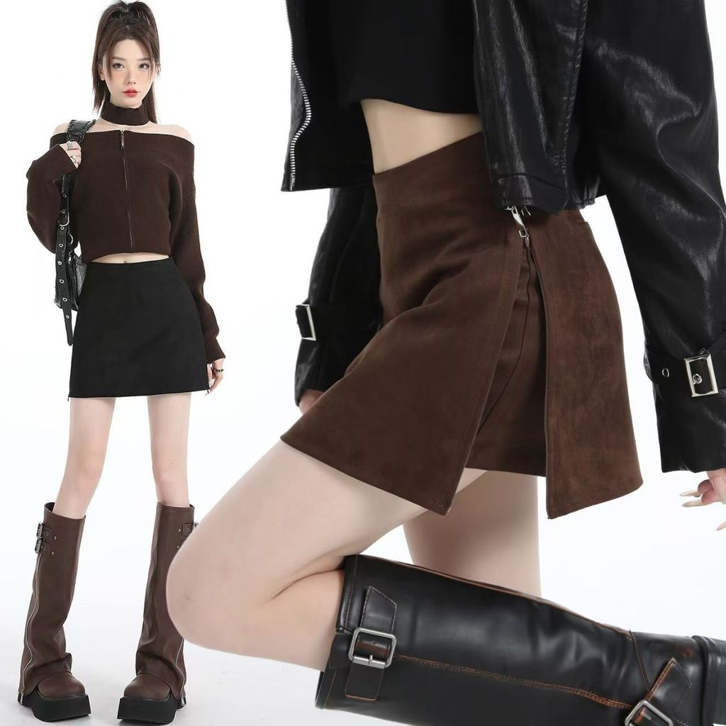 กระโปรงสตรี-mini skirt สไตล์ Maillard เอวสูง สไตล์ slit A-line สำหรับฤดูใบไม้ร่วงและฤดูหนาว