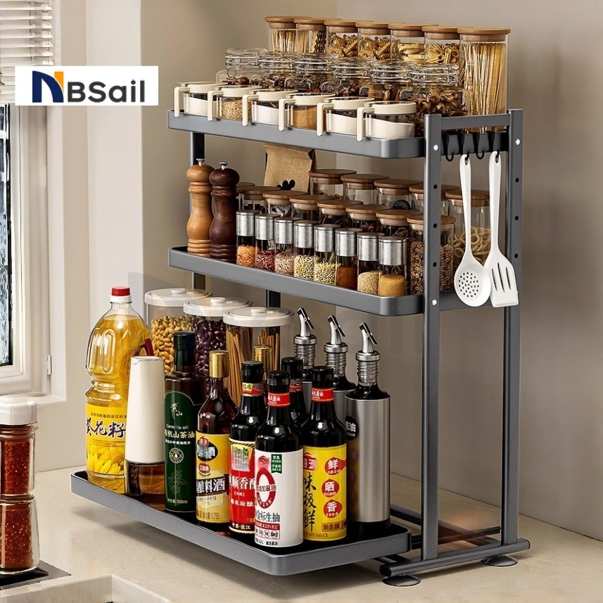 NBSail ชั้นวางเครื่องเทศแบบดึงออก สำหรับจัดเก็บในครัวแคบ พร้อมรางนำทาง ชั้นวางปรับระดับได้สำหรับตู้และเคาน์เตอร์