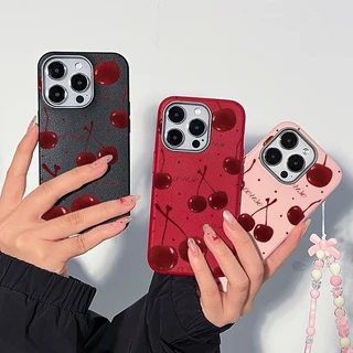 เคสไอโฟน 11 น่ารักสีแดงเชอร์รี่พื้นผิวหนังนุ่ม สำหรับ IPhone 17 16 13 15 11 14 12 Pro Max 7 8 16 14 15 Plus XR X XS Max